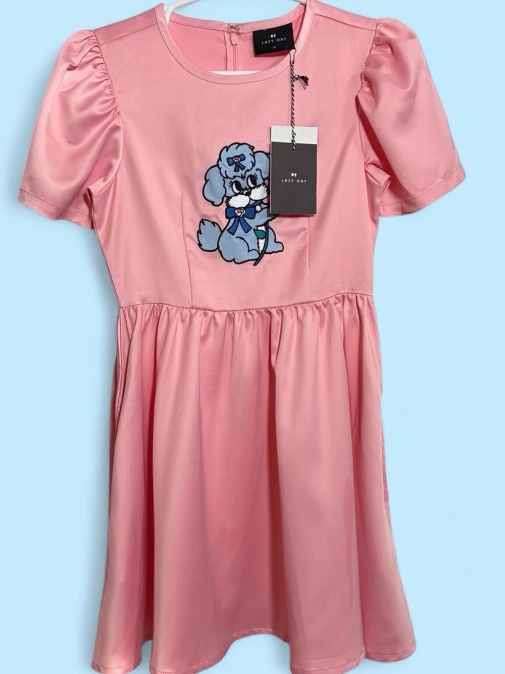 Lazy Oaf Pink Dress with Blue Puppy Poodle Embroidery vintage style